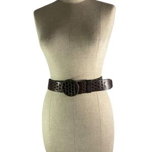 Vintage Brown Leather Perforated Honeycomb Cutout Belt & Buckle Unisex Belt 70s